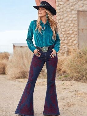 Roja Mary Concho Studded Teal Green Velvet Button Down Top Medium